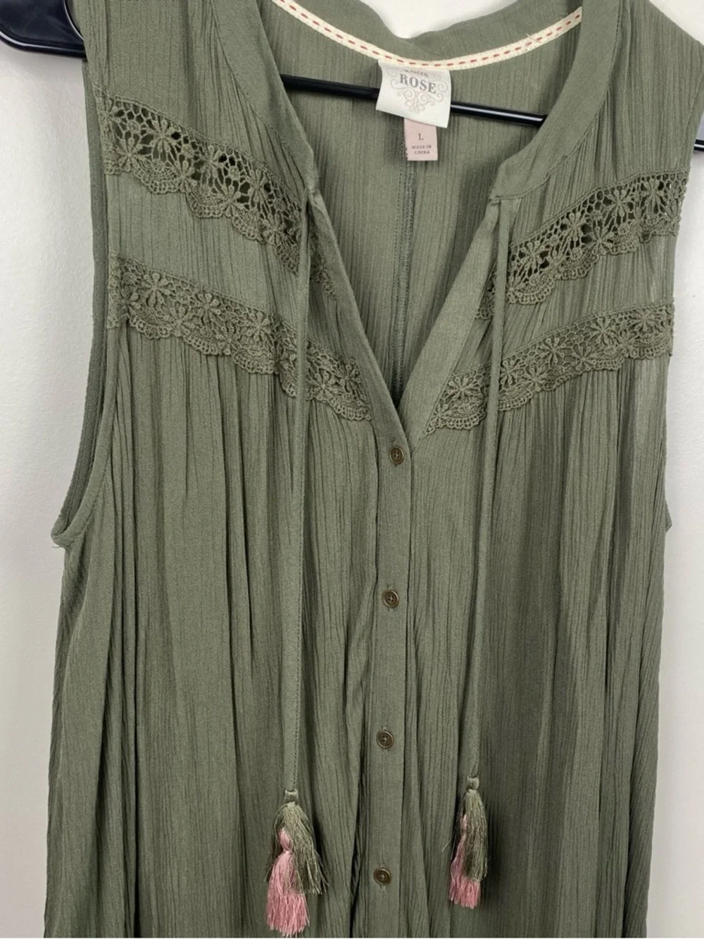 Knox Rose Women's Sleeveless Olive Green Crochet Button-Front Midi Dress Large - Picture 4 of 4